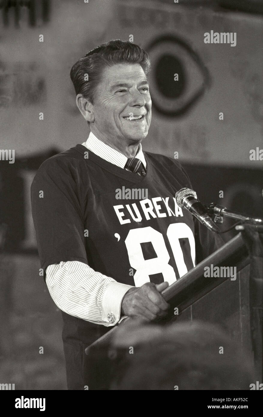 United States President Ronald Reagan campaigning in 1980 at his alma mater Eureka College in Eureka Illinois Stock Photo