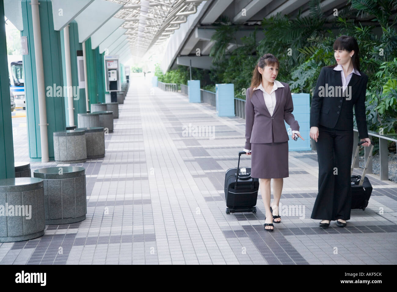 Two businesswomen walking on a walkway with their luggage Stock Photo