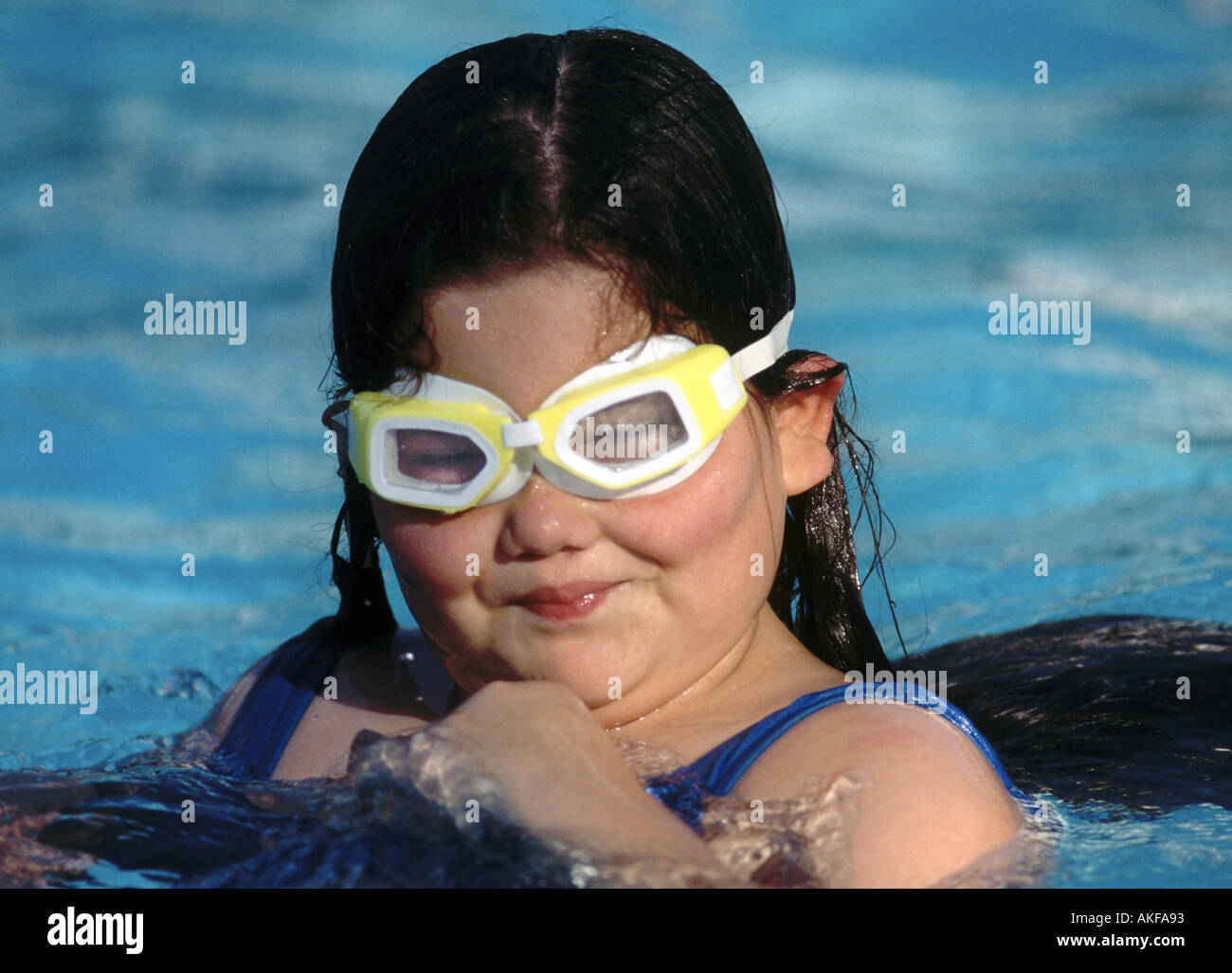 smiling over weight heavy obese Girl in Country Club swimming Pool with