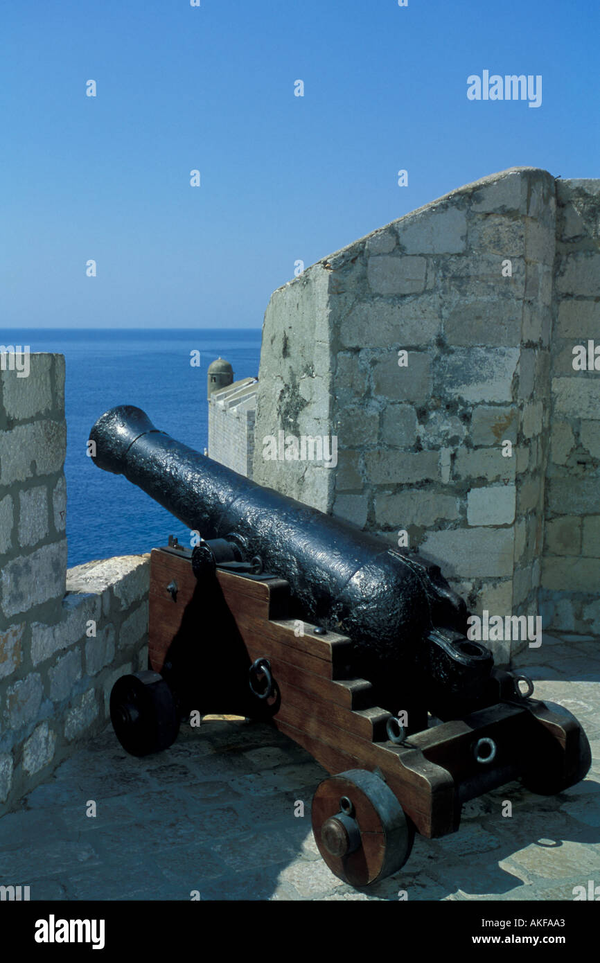 Old cannon overlook Stara Luka Harbor, Dubrovnik, Croatia Stock Photo