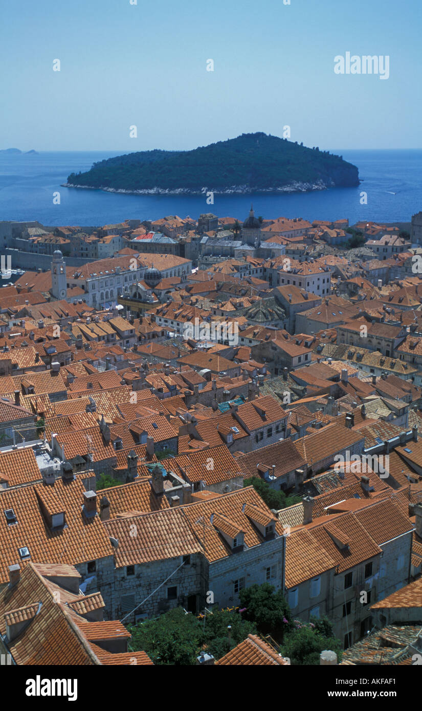 View over old town Dubrovnik rooftops and Island Locrum Stock Photo