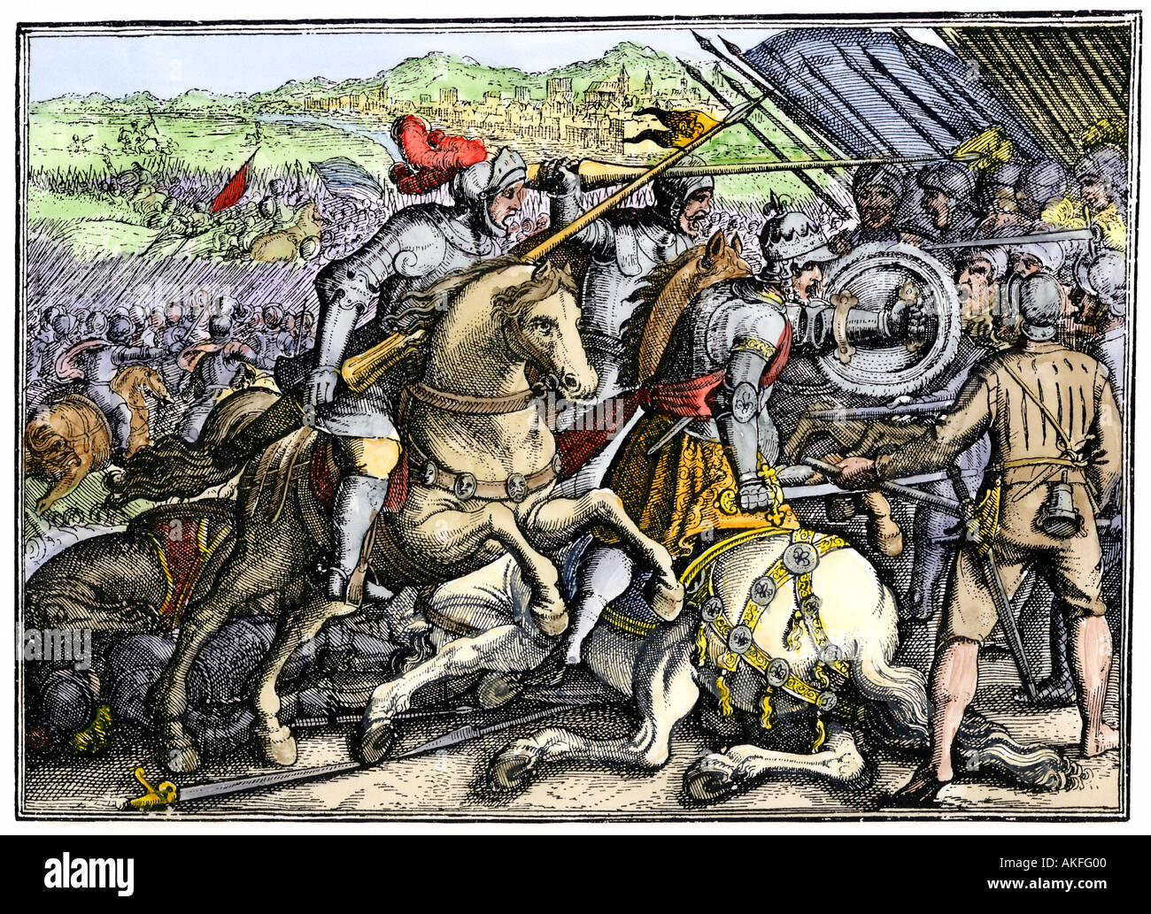 French king Francis I taken prisoner at Pavia during war with the Holy Roman Empire 1525. Hand-colored woodcut Stock Photo