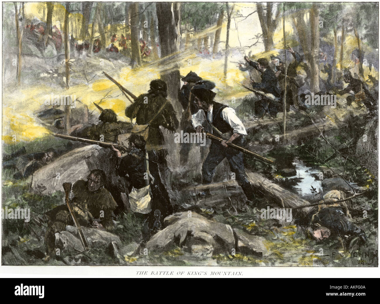 Battle of Kings Mountain South Carolina 1780 during the American Revolution. Hand-colored halftone of an F.C. Yohn illustration Stock Photo