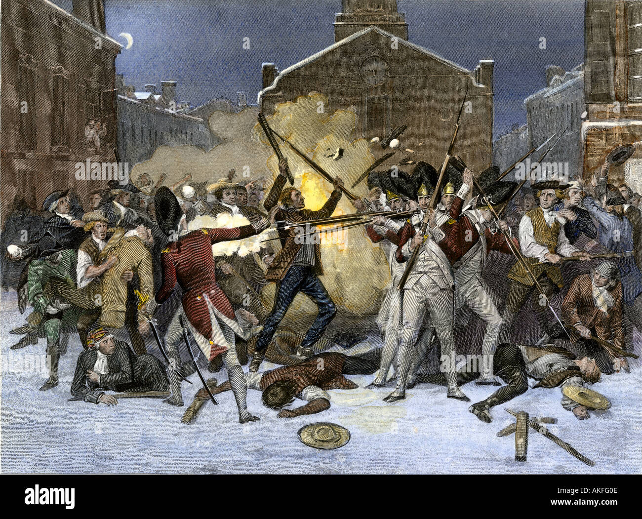 British soldiers kill four civilian protesters in the Boston Massacre 1770. Hand-colored steel engraving of an Alonso Chappel painting Stock Photo