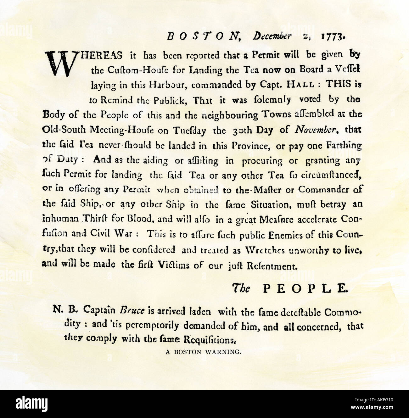 Sons of Liberty handbill warning Boston patriots against buying tea before the Boston Tea Party December 1773. Woodcut with a watercolor wash Stock Photo