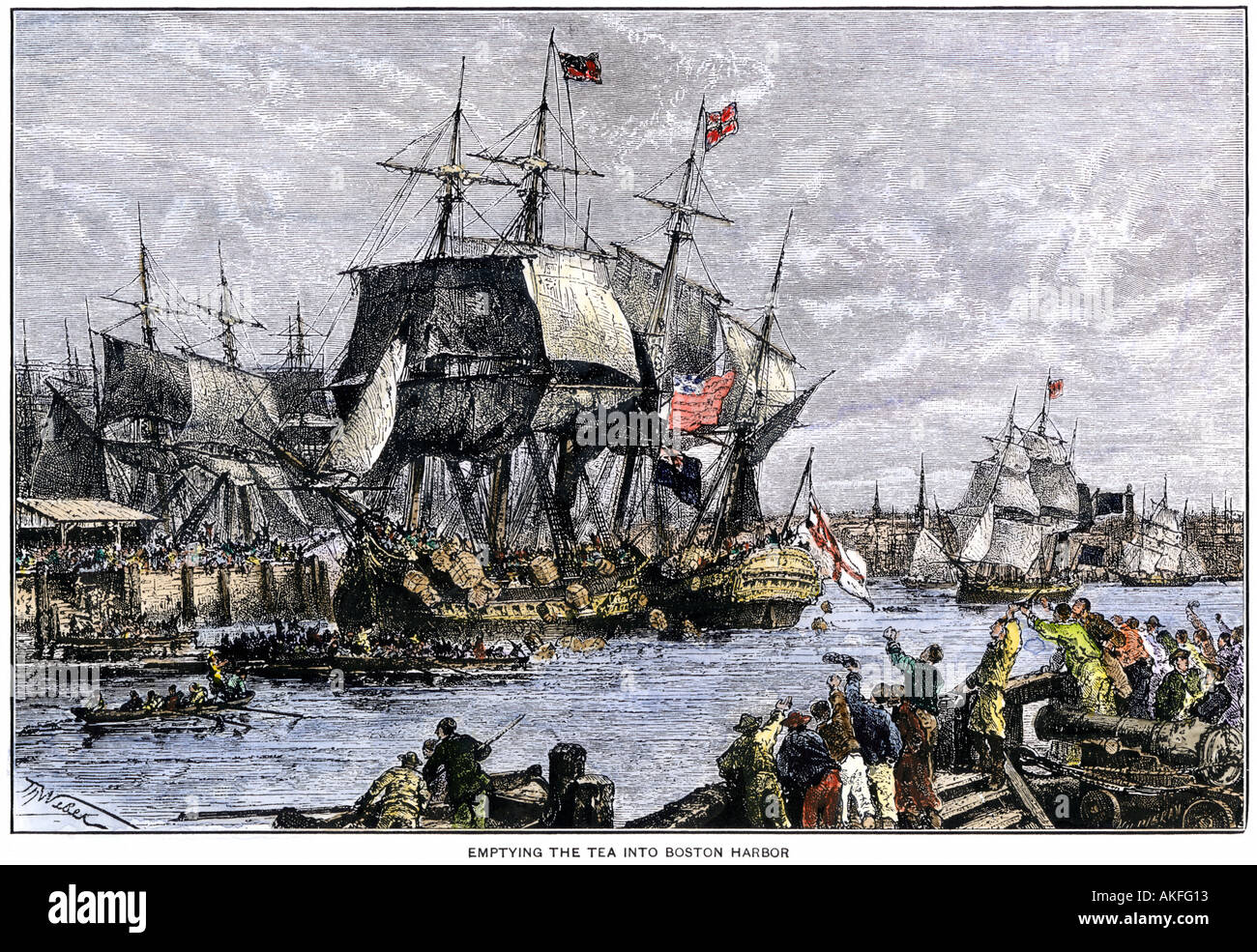 Colonial protestors emptying tea into the harbor during the Boston Tea Party 1773. Hand-colored woodcut Stock Photo