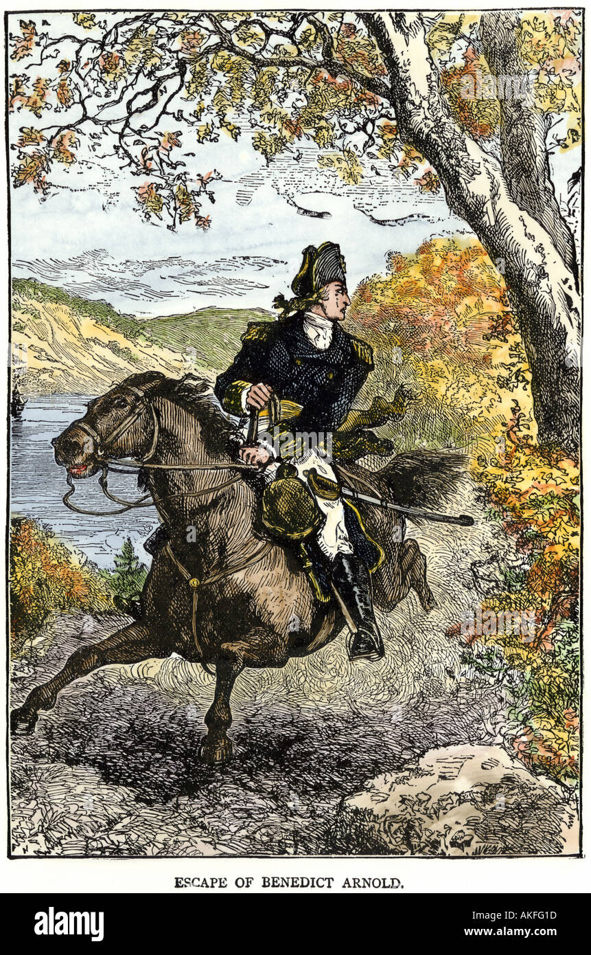 Benedict Arnold escaping on horseback after his treason was discovered 1780. Hand-colored woodcut Stock Photo