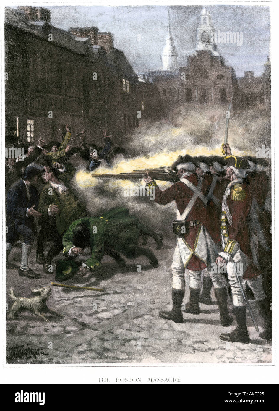 British soldiers shooting four civilians in the Boston Massacre 1770. Hand-colored halftone of an illustration Stock Photo