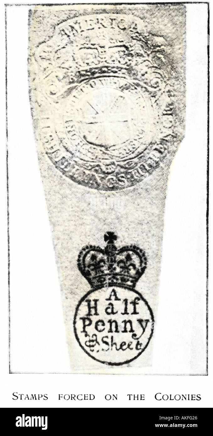 A stamp England forced on the colonies under the Stamp Act before the American Revolution. Hand-colored halftone Stock Photo