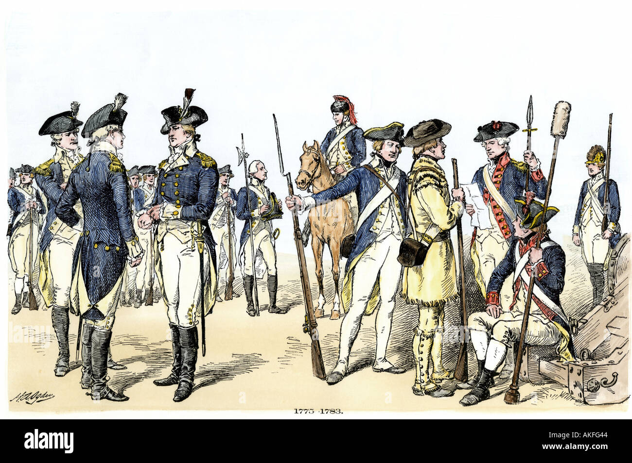Continental Army uniforms during the Revolutionary War. Hand-colored woodcut Stock Photo