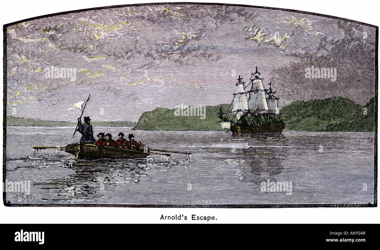 Benedict Arnold escapes to a British ship after his treason was discovered by George Washington 1780. Hand-colored woodcut Stock Photo