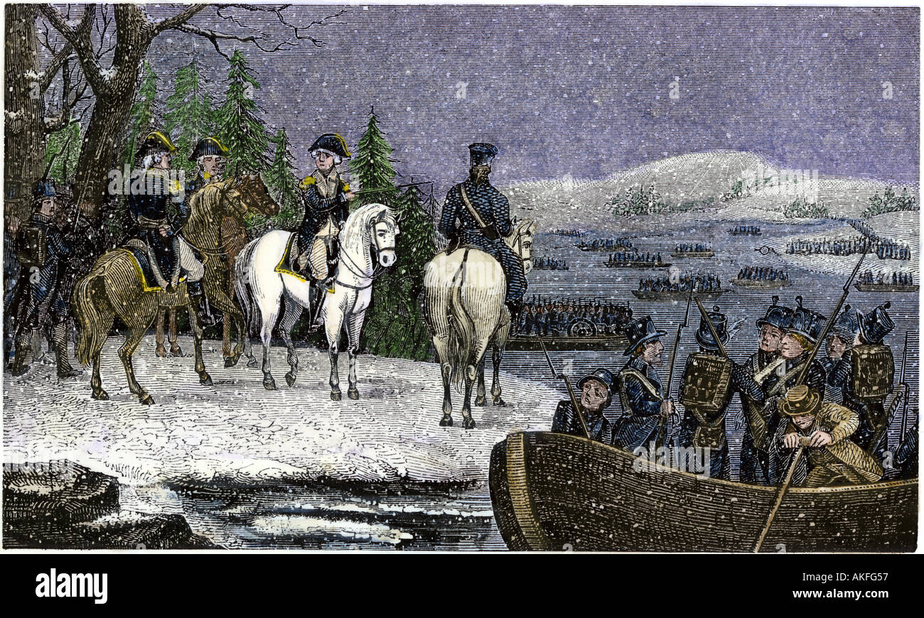 George Washington and his Continental Army ferried across the Delaware River to attack Trenton New Jersey 1776. Hand-colored woodcut Stock Photo