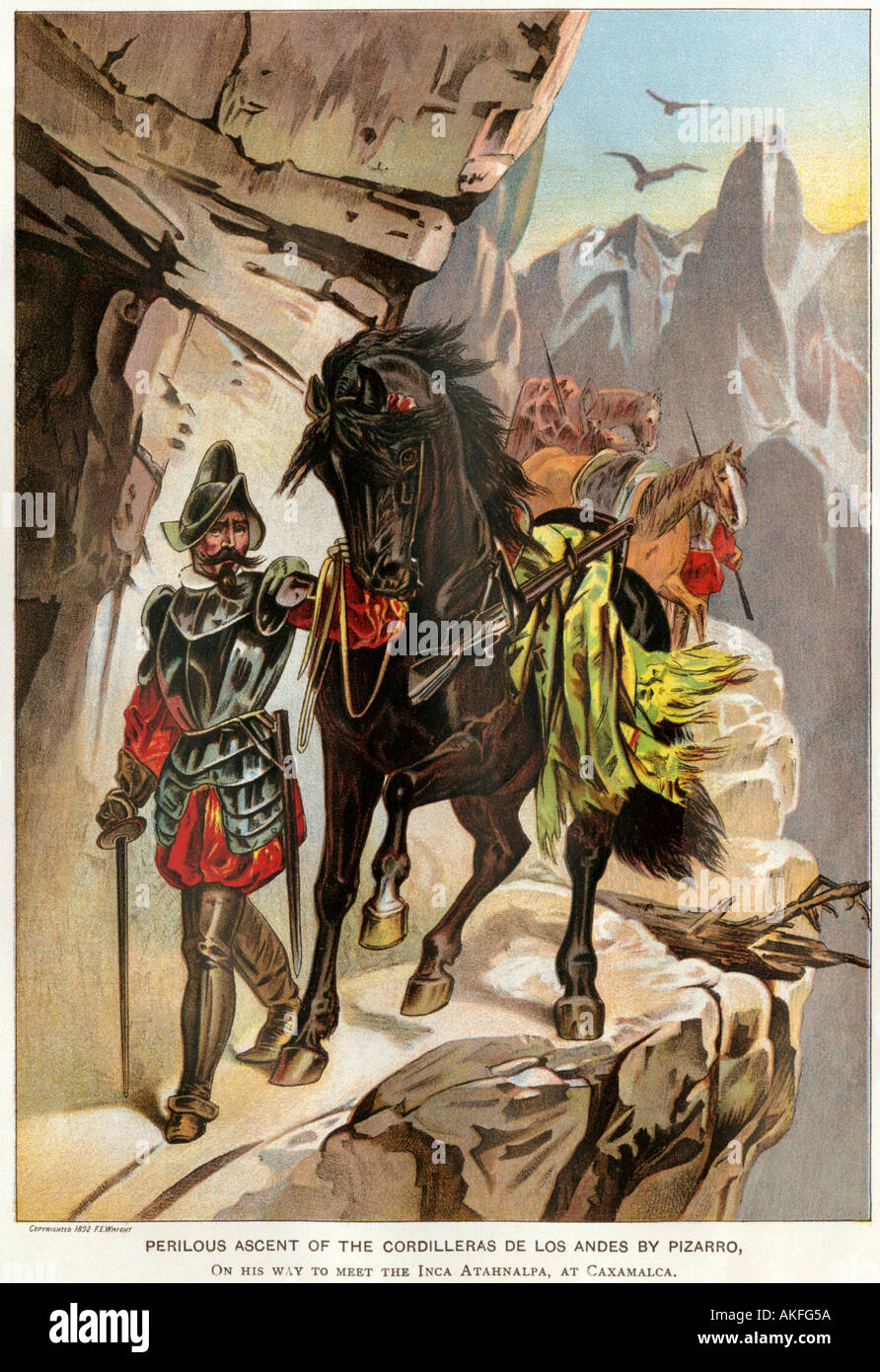 Francisco Pizarro expedition ascending the Andes to conquer the Inca empire in Peru. Color lithograph Stock Photo