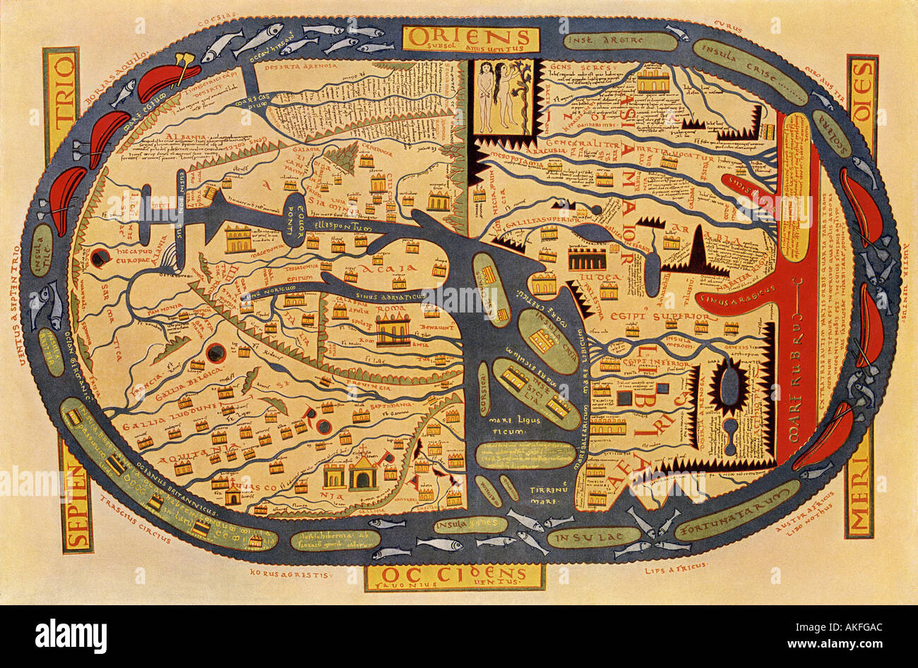 World map of the flat earth printed by Beatus Rhenanus Bildaus Rheinau early 1500s, North is left, Mediterranean Sea middle. Color lithograph Stock Photo