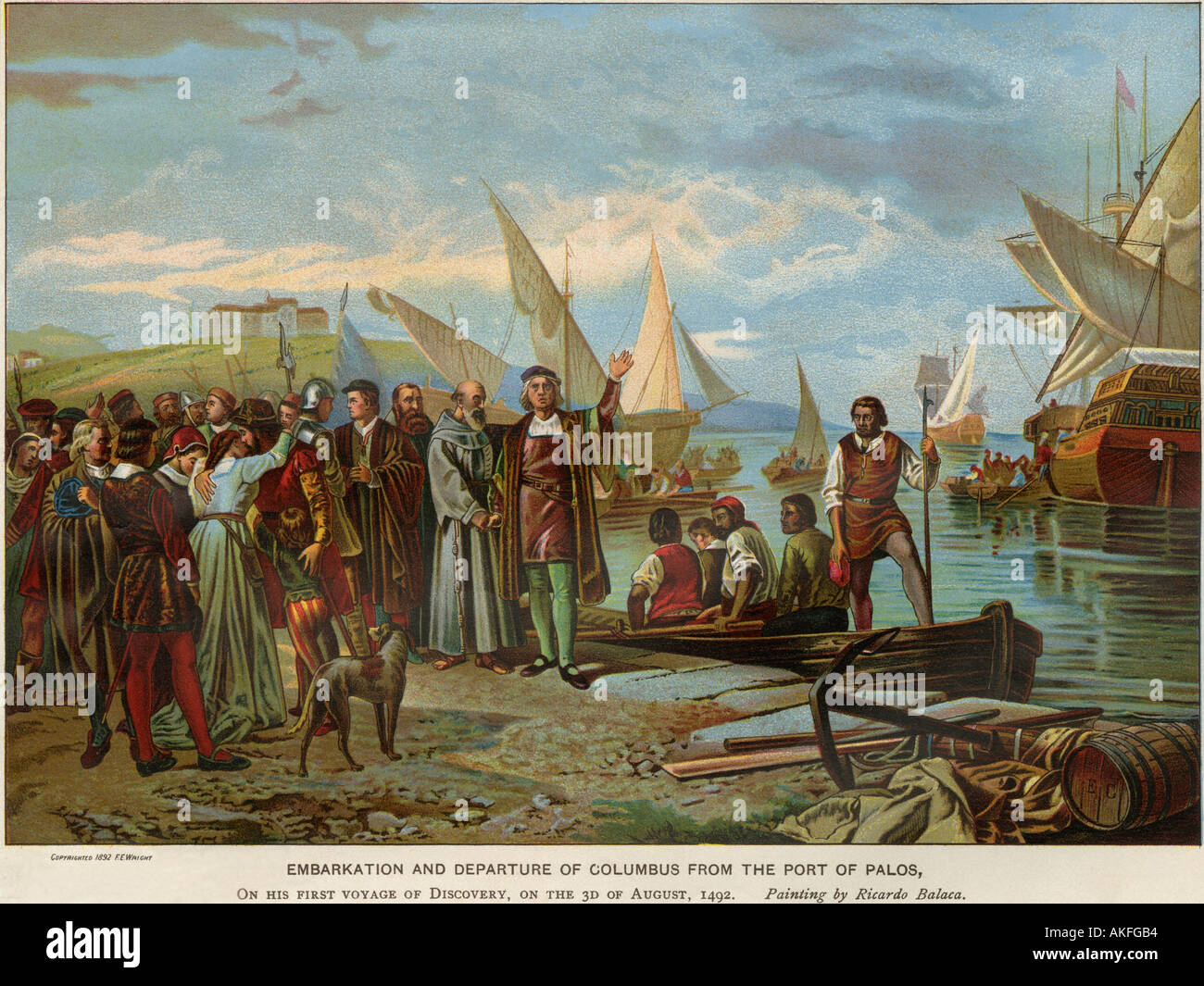 Departure of Columbus with his first expedition from Palos Spain 1492. Color lithograph Stock Photo