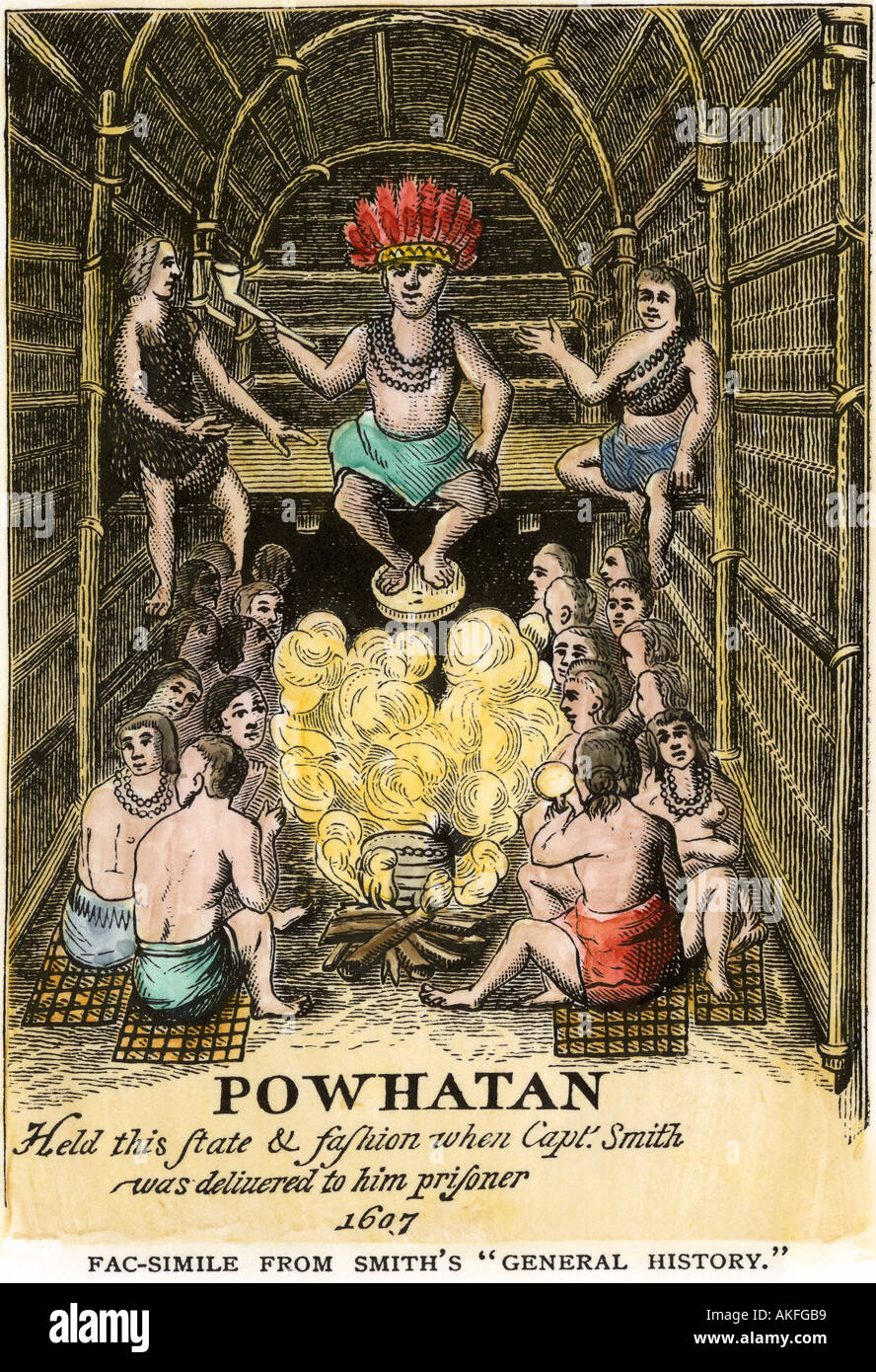 Chief Powhatan father of Pocahontas in Virginia Colony 1607. Hand-colored woodcut Stock Photo