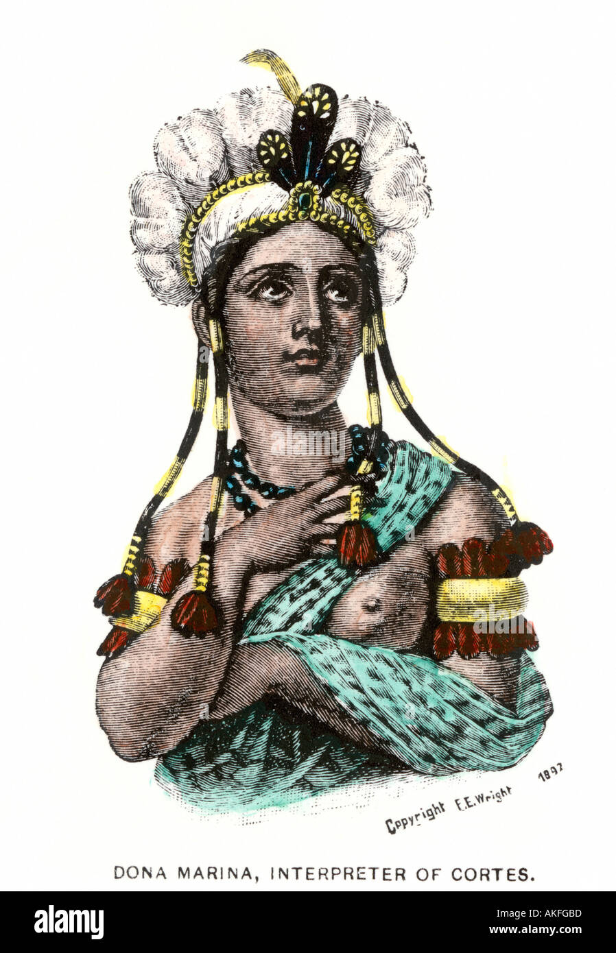 La Malinche Dona Marina native Mexican interpreter for Hernando Cortes in the Spanish conquest of Aztec Mexico 1500s. Hand-colored woodcut Stock Photo