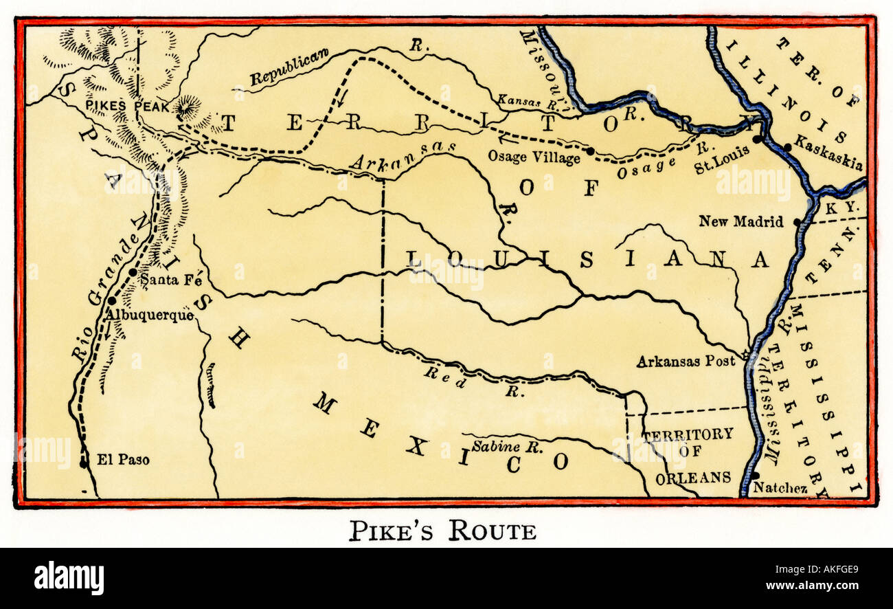 Route of Zebulon Pike across western territory to explore Colorado region 1805 to 1806. Hand-colored woodcut Stock Photo
