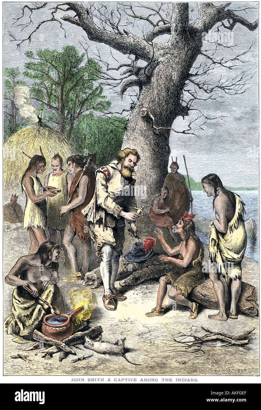 John Smith a captive among Native Americans of Virginia Colony 1600s. Hand-colored woodcut Stock Photo