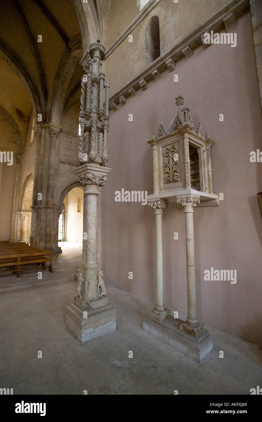 Gothic tabernacle and Easter candelabrum, Santa Maria d'Arabona abbey, Manoppello, Abruzzo, Italy Stock Photo