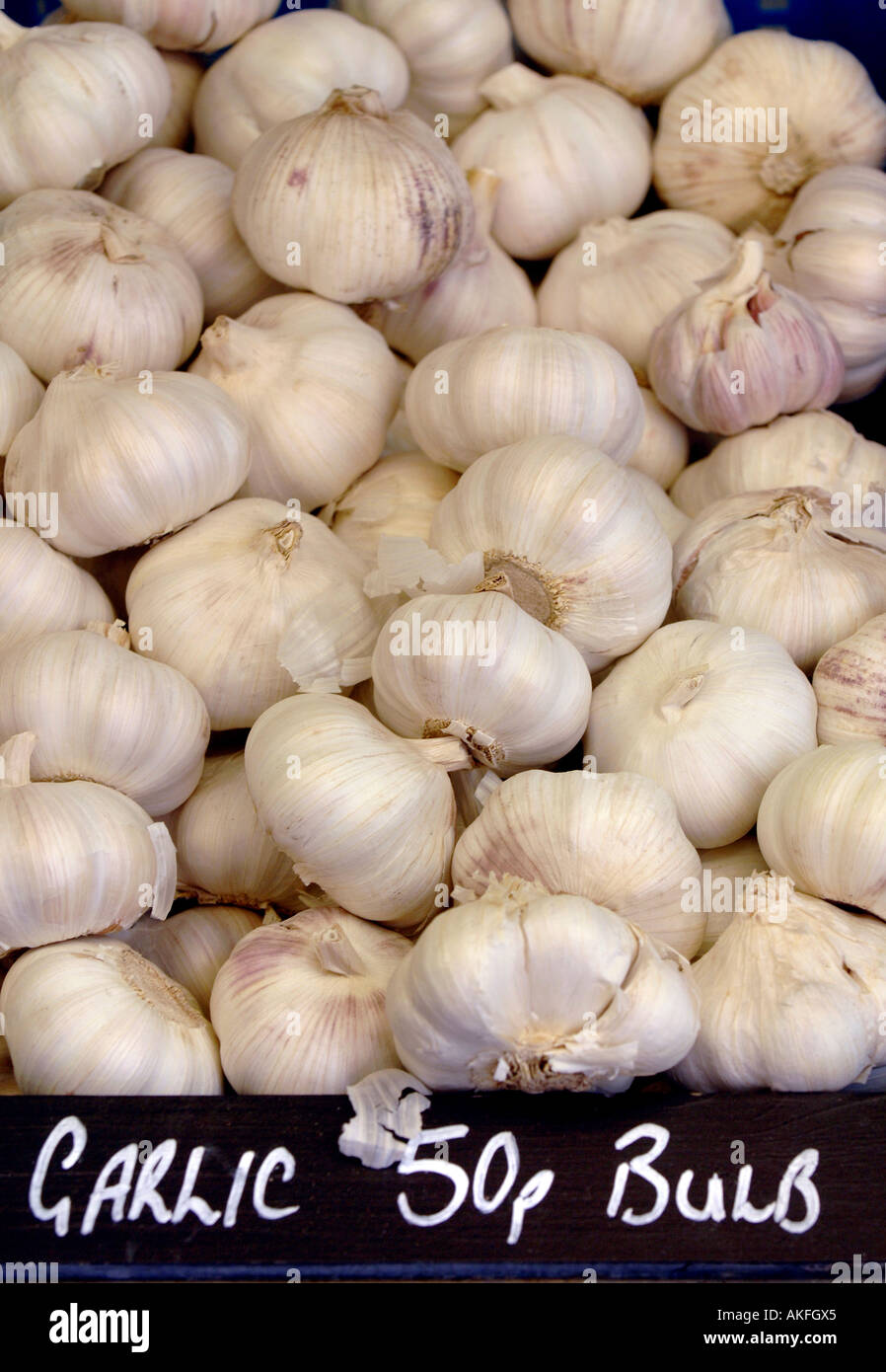 Bulbs of garlic at a French market stall in the UK. Picture by Jim