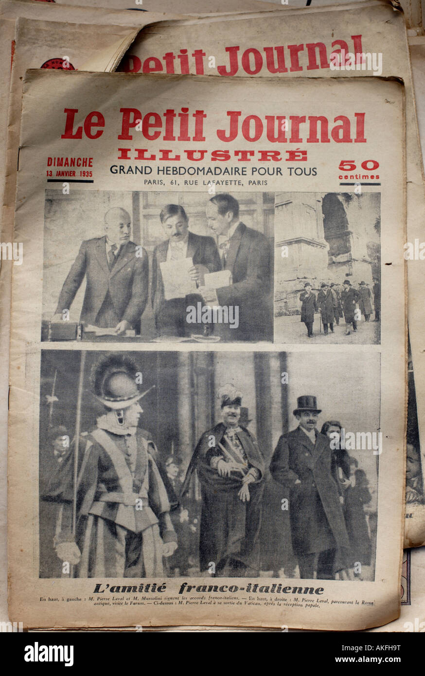 Copies of the french newspaper Le Petit Journal Illustre from January 1935 featuring Franco Italian talks Stock Photo