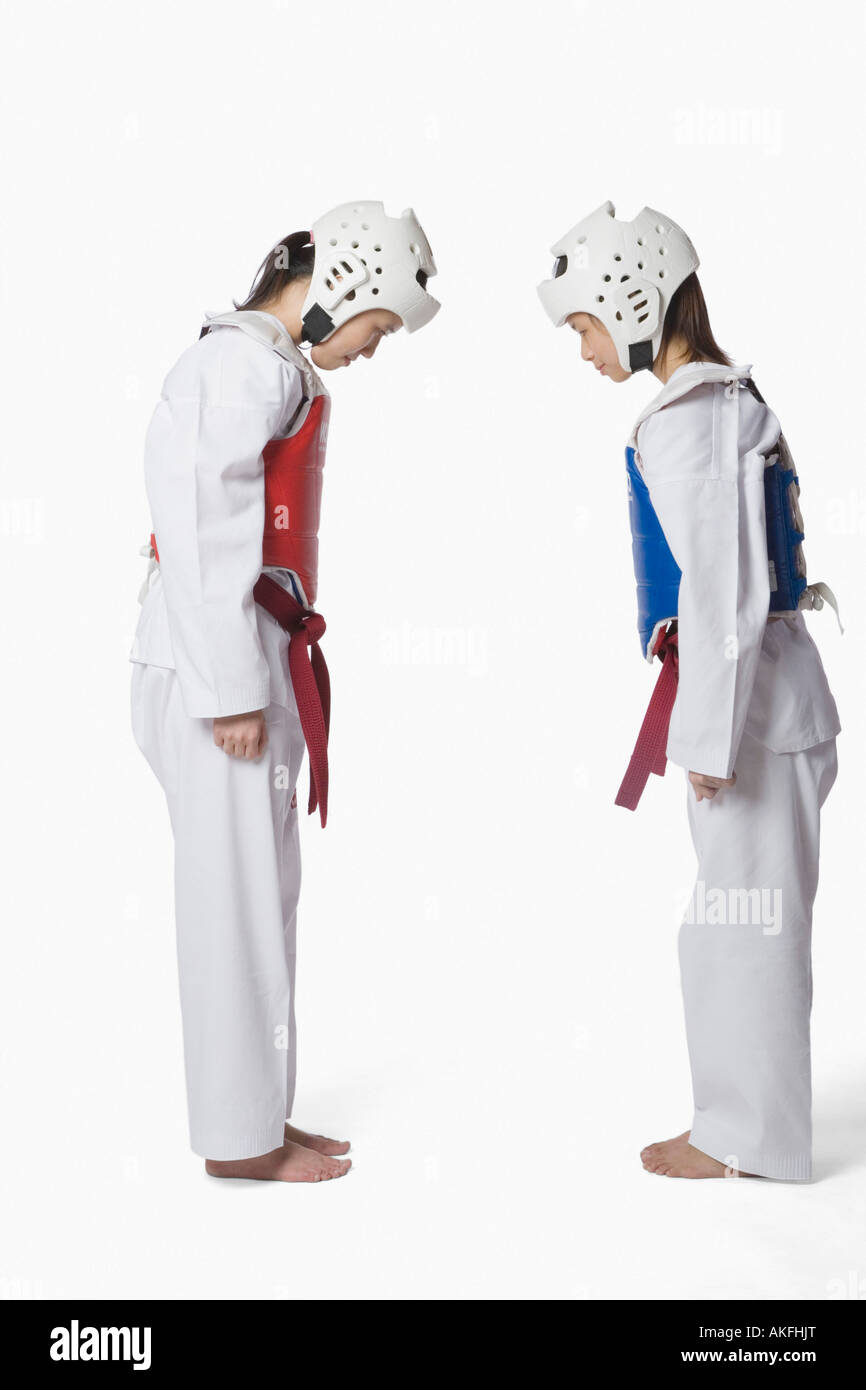 Side profile of two taekwondo players bowing each other Stock Photo Alamy