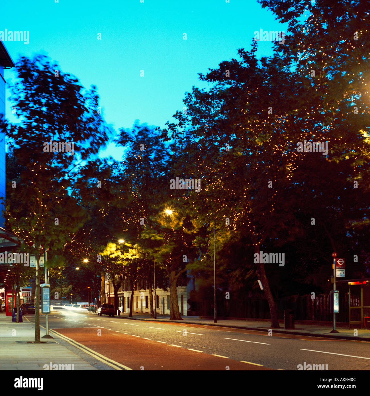 dusk shot of north London street inc bus stops and trees  Stock Photo
