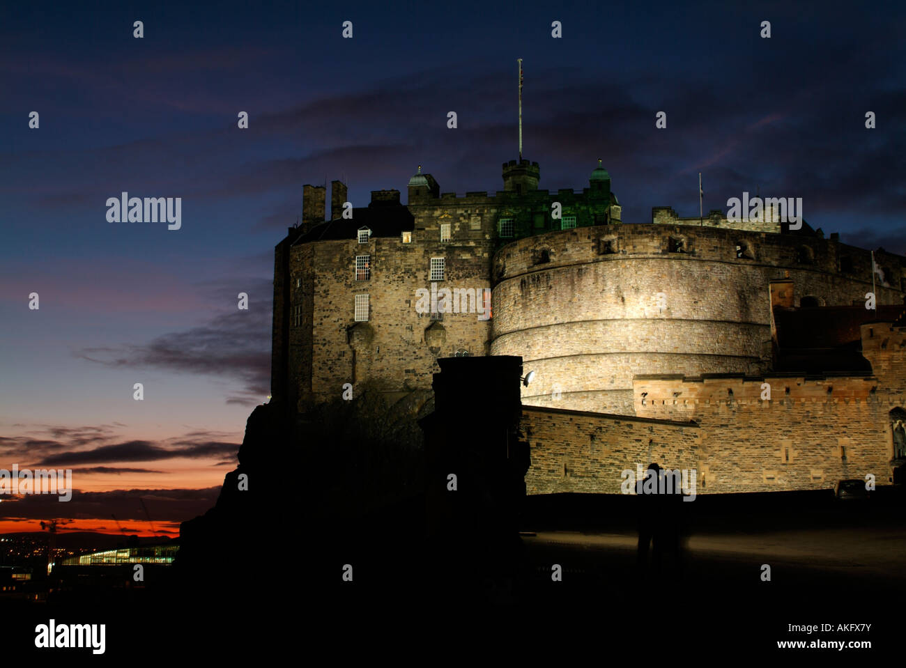 Edinburgh Castle at night from the Esplanade Stock Photo