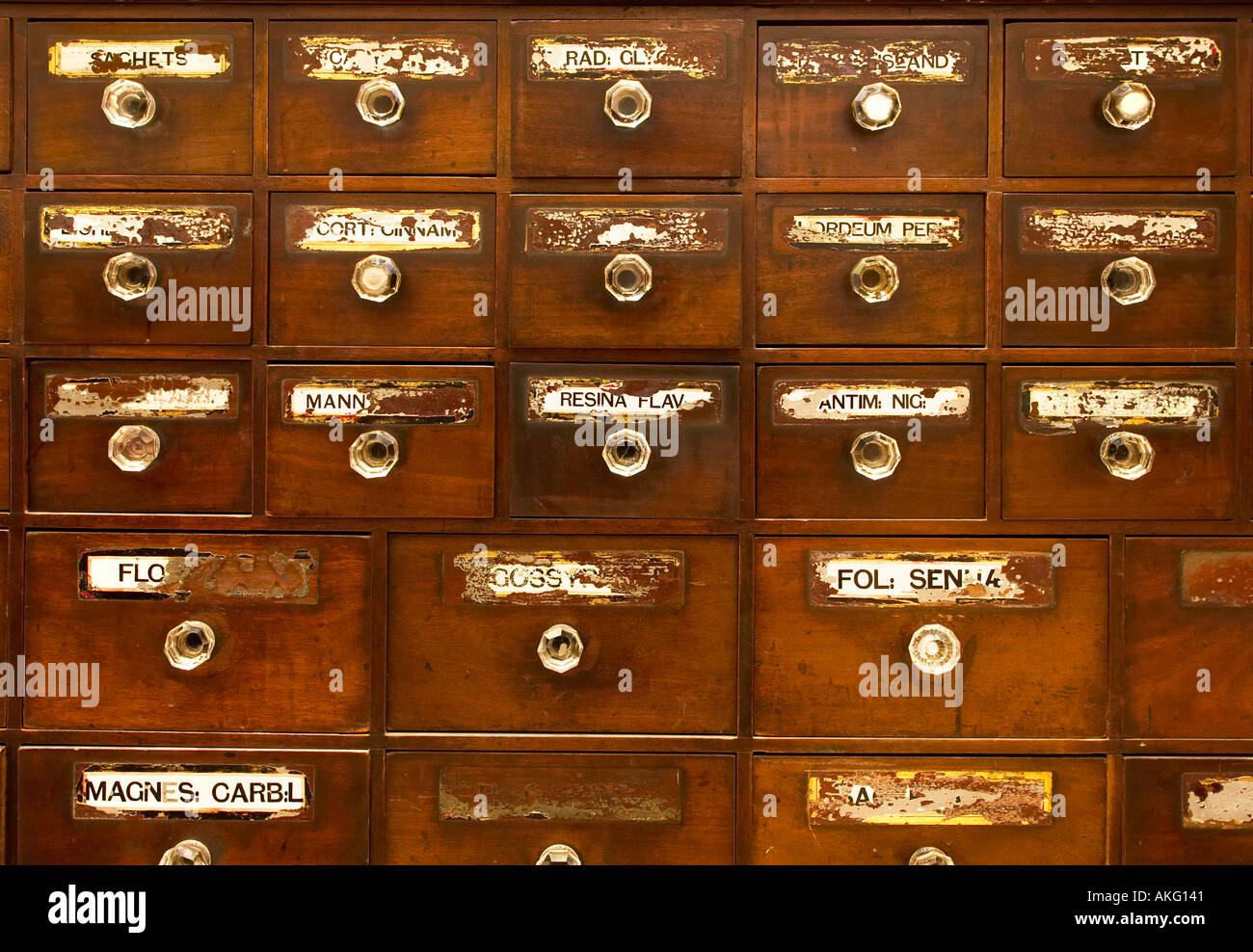 Antique apothecary drawers UK Stock Photo