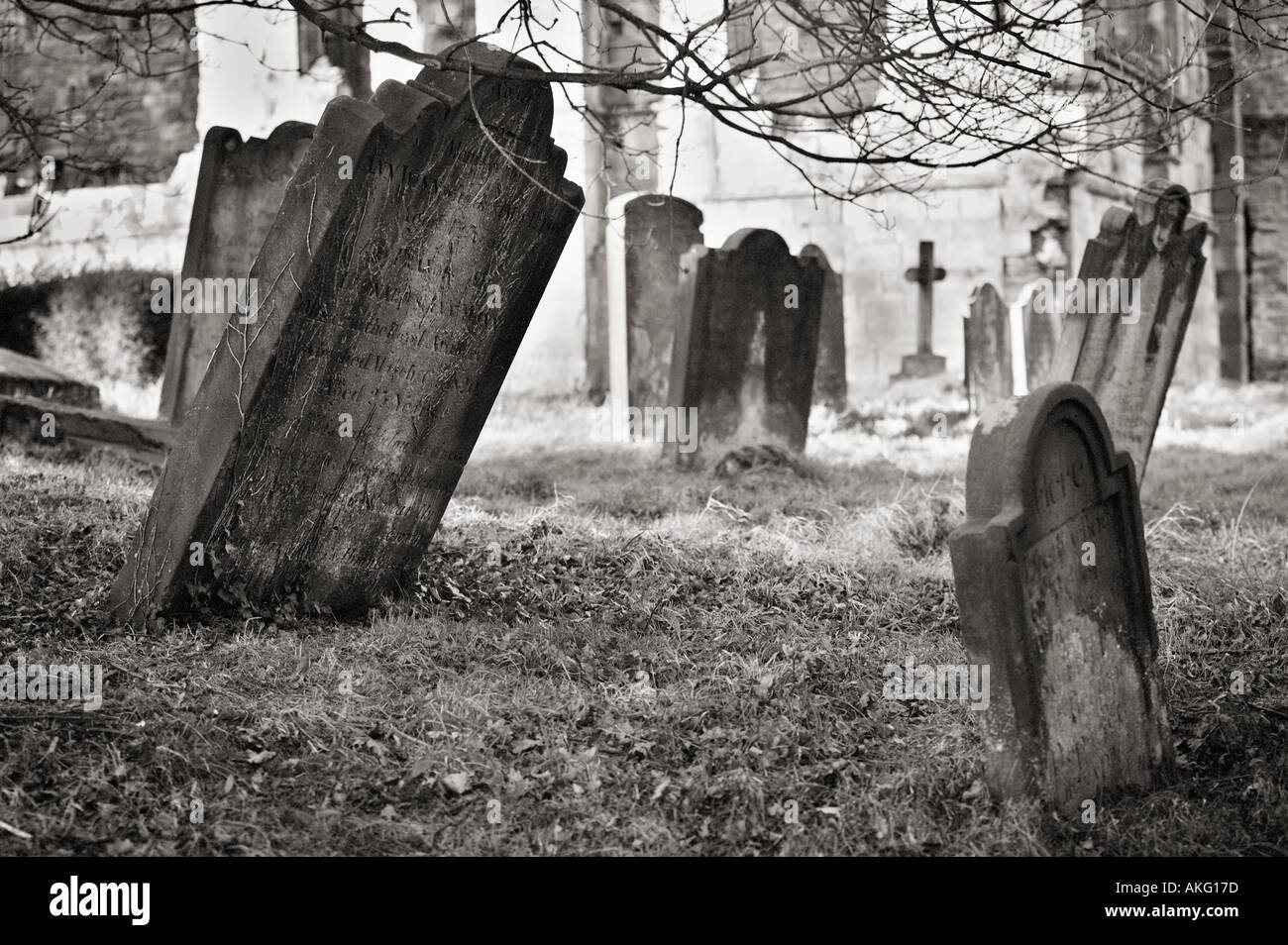 Black and white photography, graveyard with grave stones UK Stock Photo