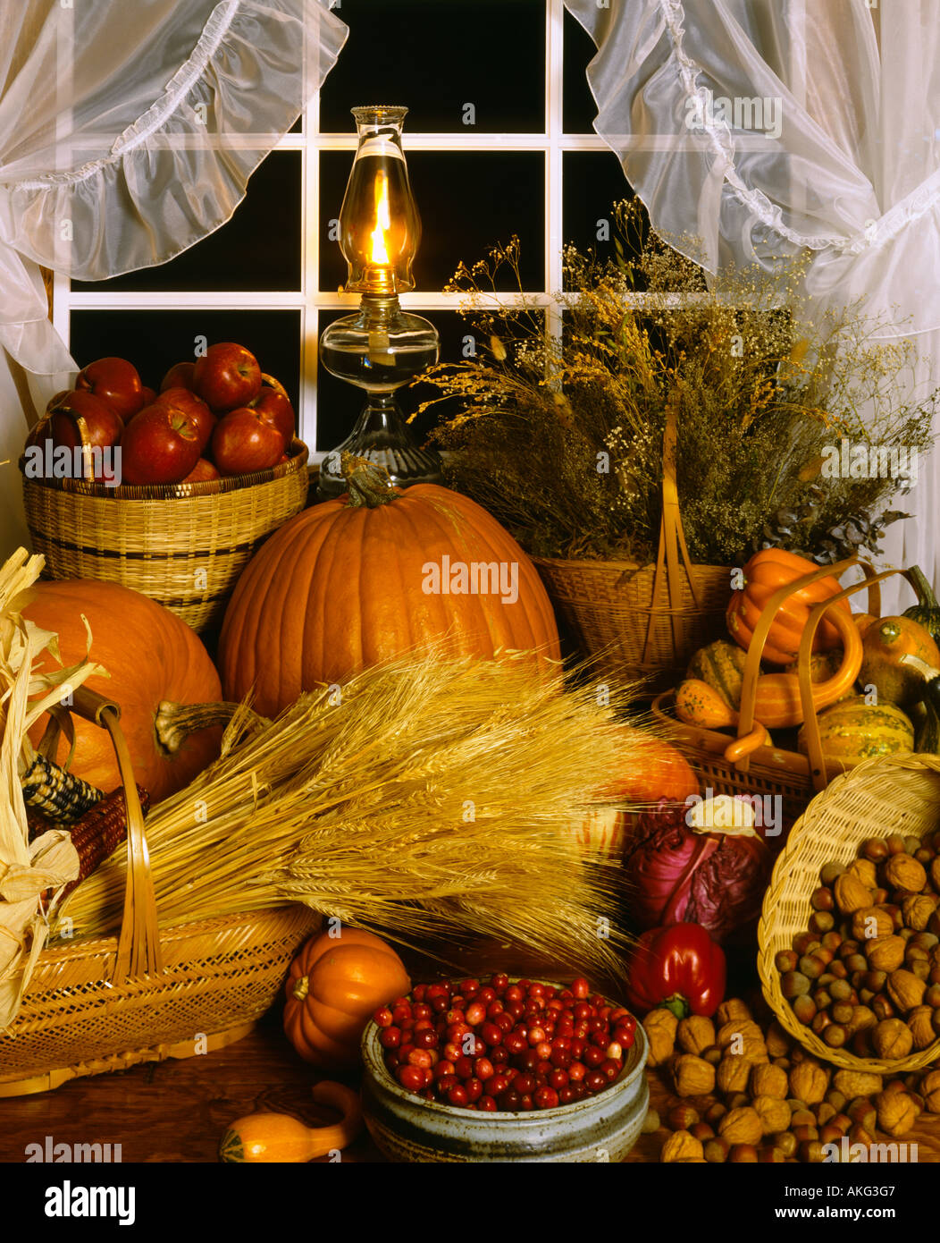 Fall seasonal still life with fruits and vegetables set against a