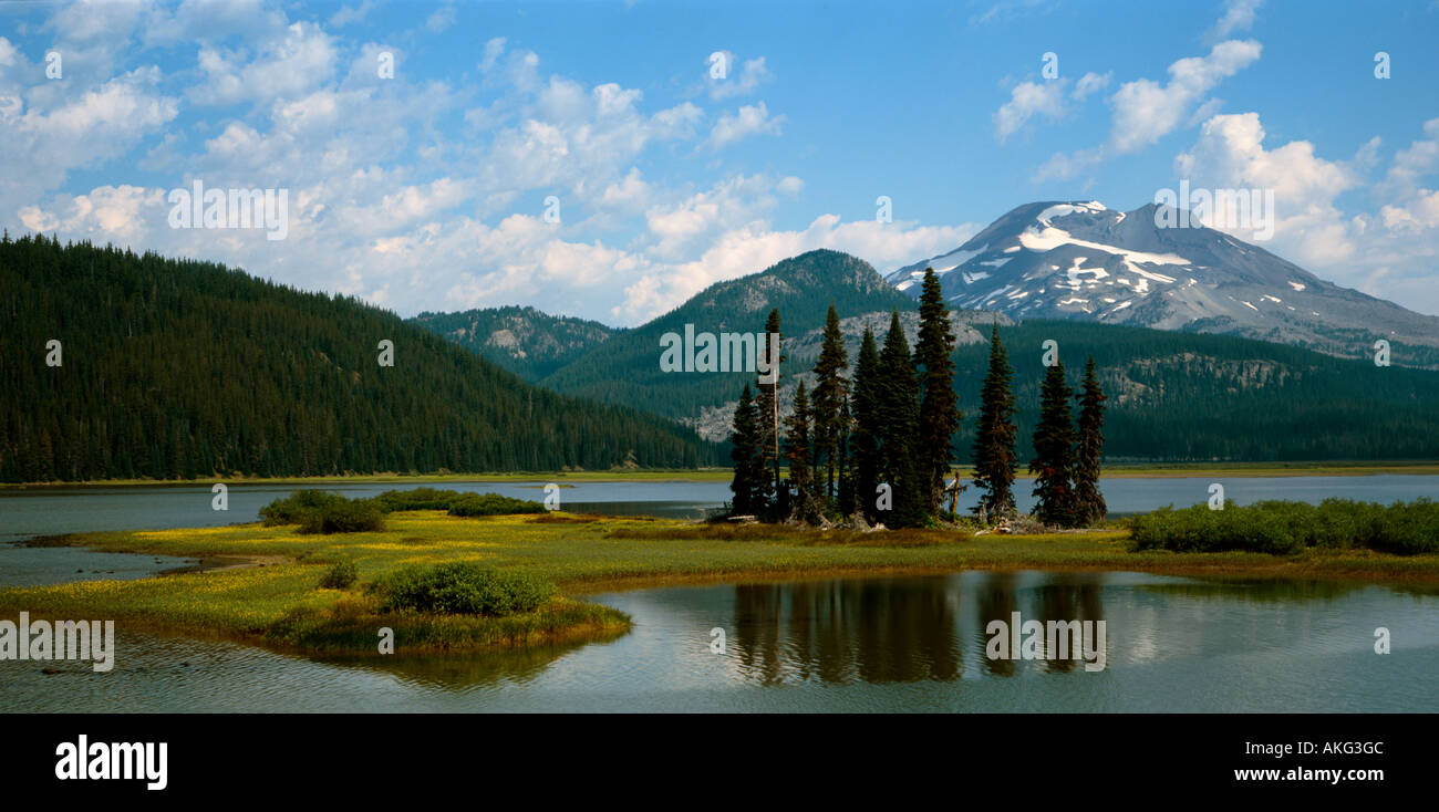 Sparks Lake with the South Sister mountain on the skyline shown on panorama film from near the city of Bend in Central Oregon Stock Photo
