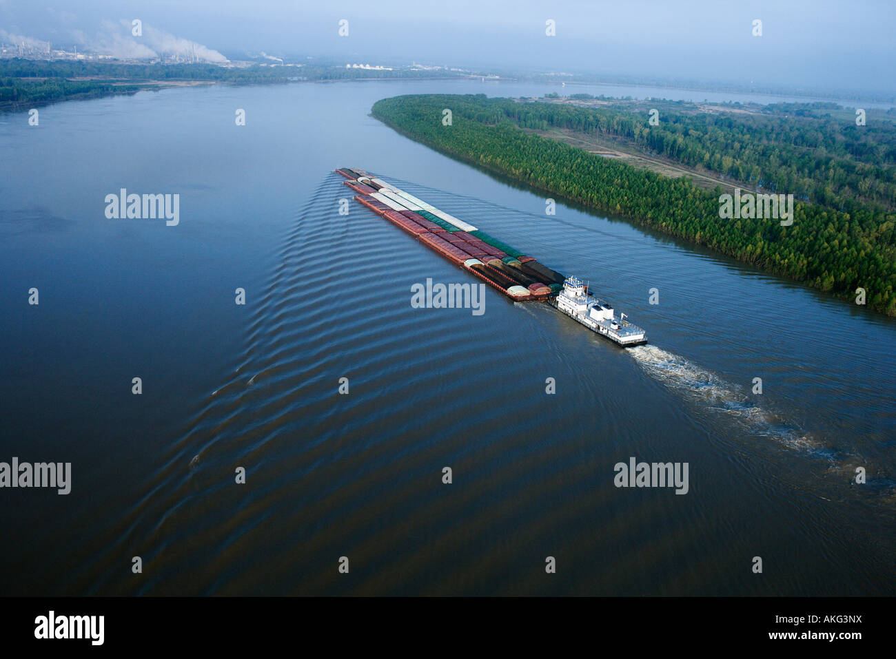 Aerial of barge on Mississippi River in Baton Rouge Louisiana Stock Photo