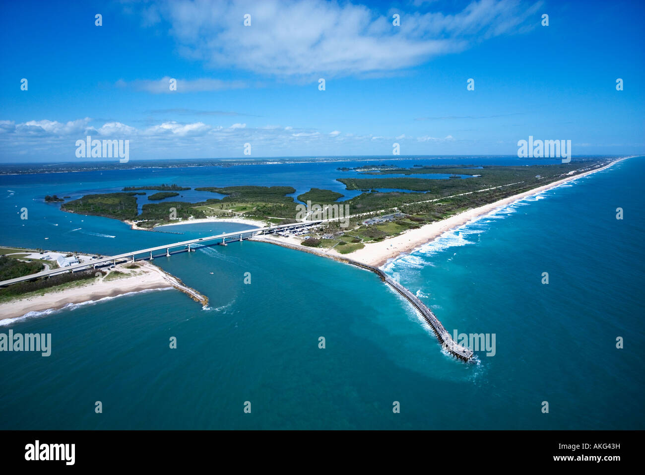 Aerial view of Indian River Lagoon Scenic Highway on Melbourne Beach Flordia with inlet and pier Stock Photo