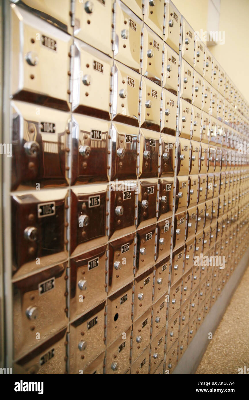 Chrome metal lockboxes mailboxes Stock Photo