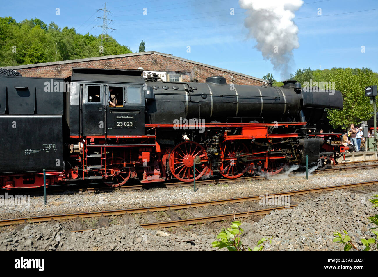 Preserved steam locomotive in action during 30th birthday celebrations, Bochum Railway Museum (countries largest) in Germany. Stock Photo