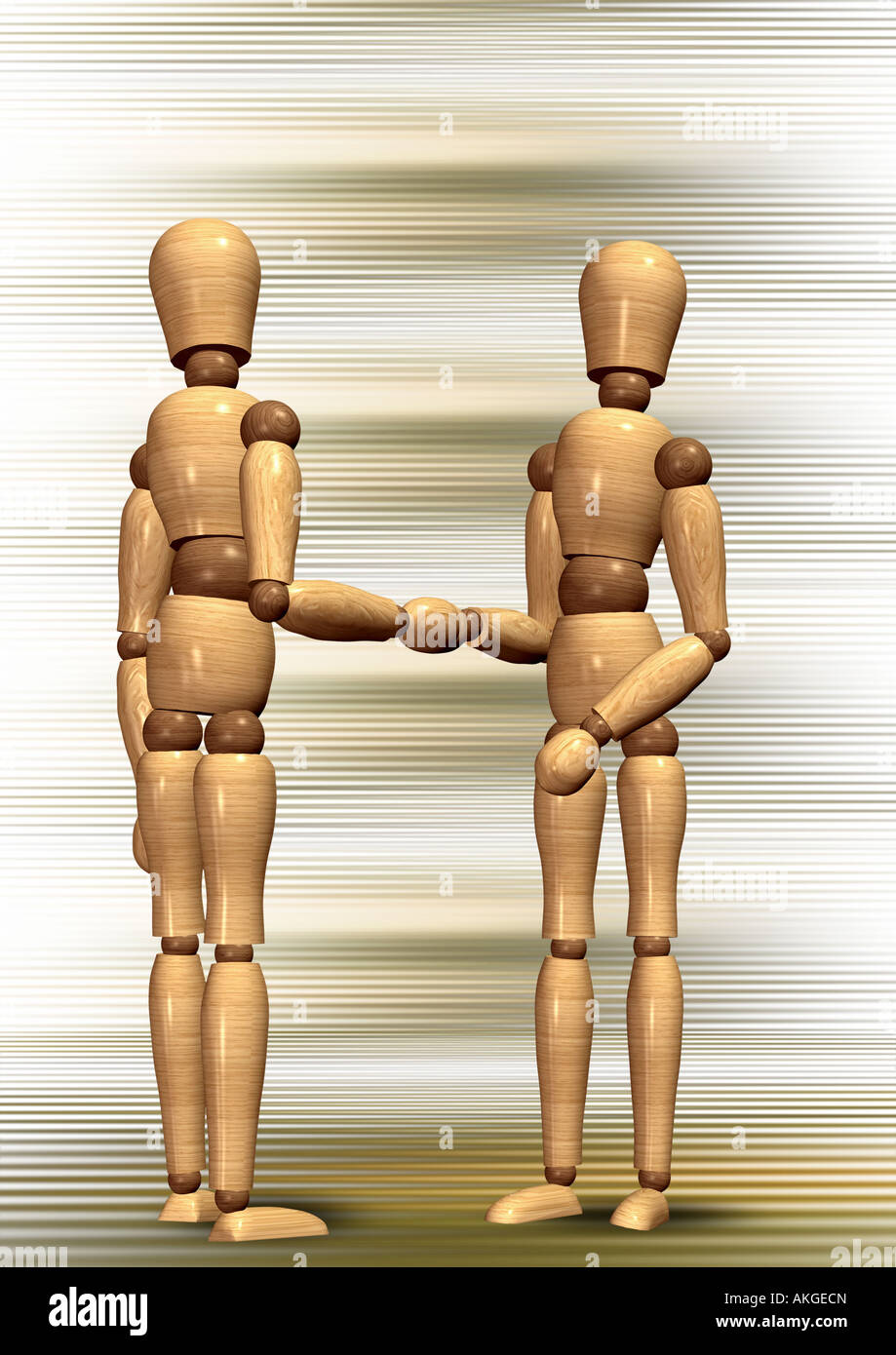 jointed dolls shaking hands Gliederpuppen beim Handshake Stock Photo