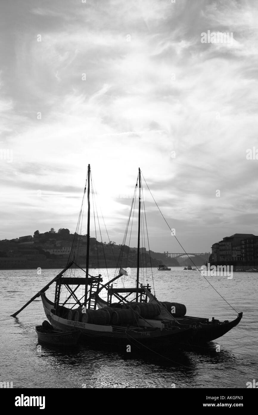 Wine Barges on Douro River with the City behind at Dusk, Porto
