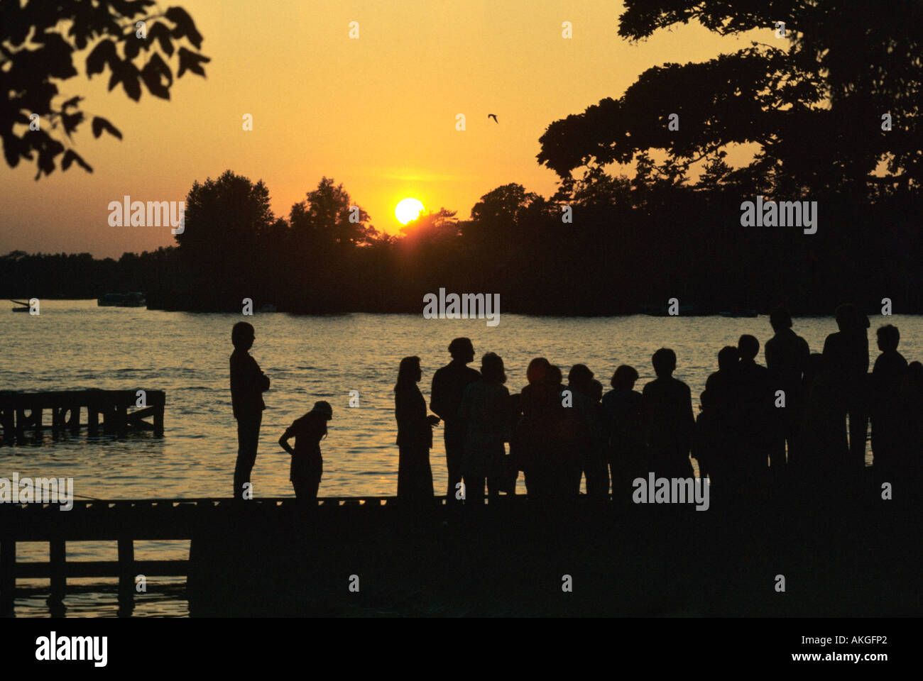 People standing on jetty watching the sunset, Oulton Broad, Suffolk, England Stock Photo