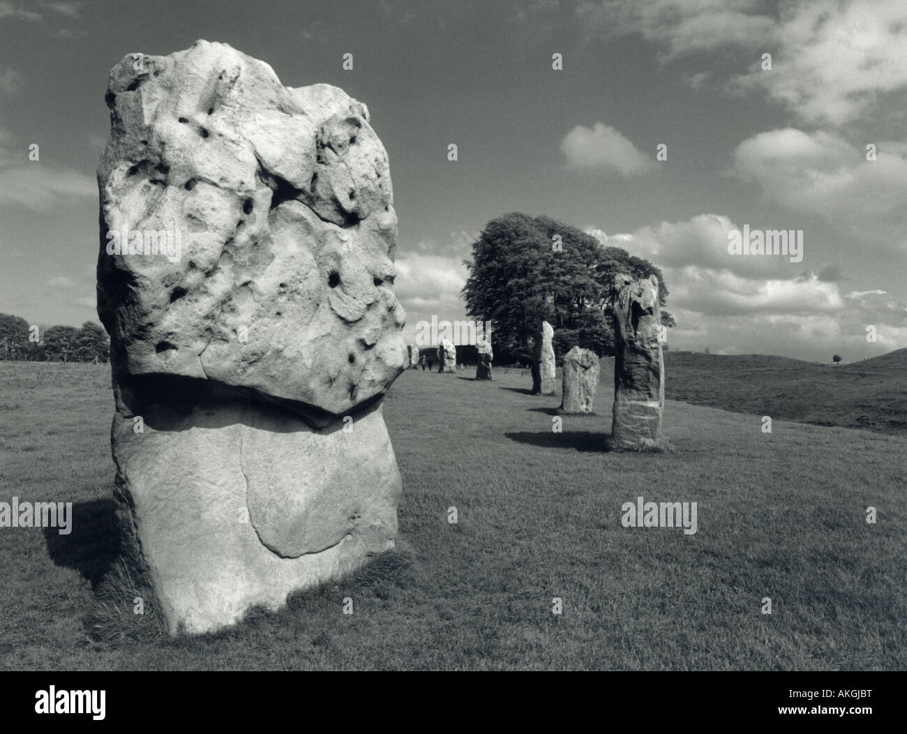 Avebury stone circle, Wiltshire, England. Black and white landscape, 1970s. Stock Photo