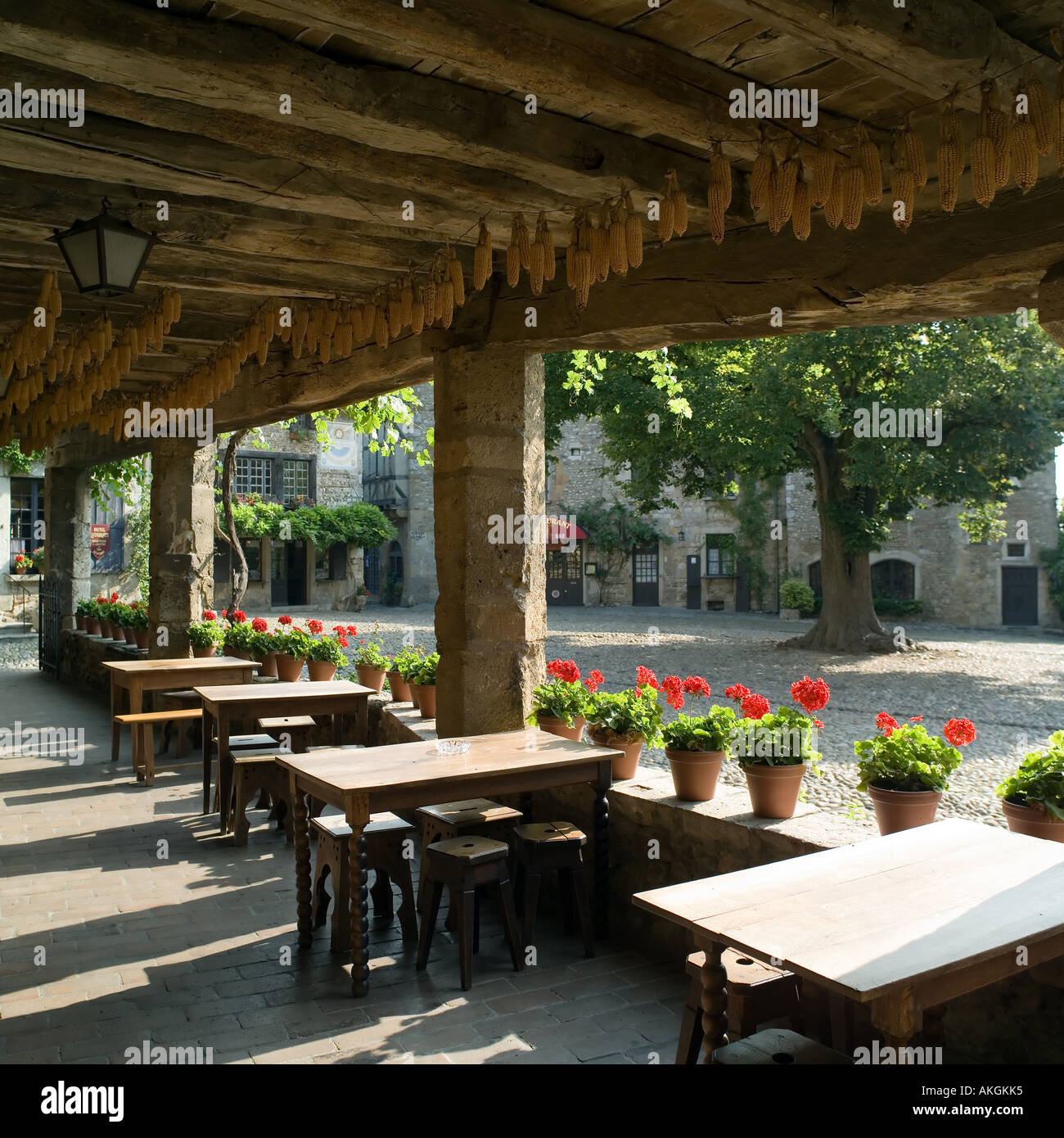 Café terrace, Place de la Halle square, place du Tilleul, red geranium ...