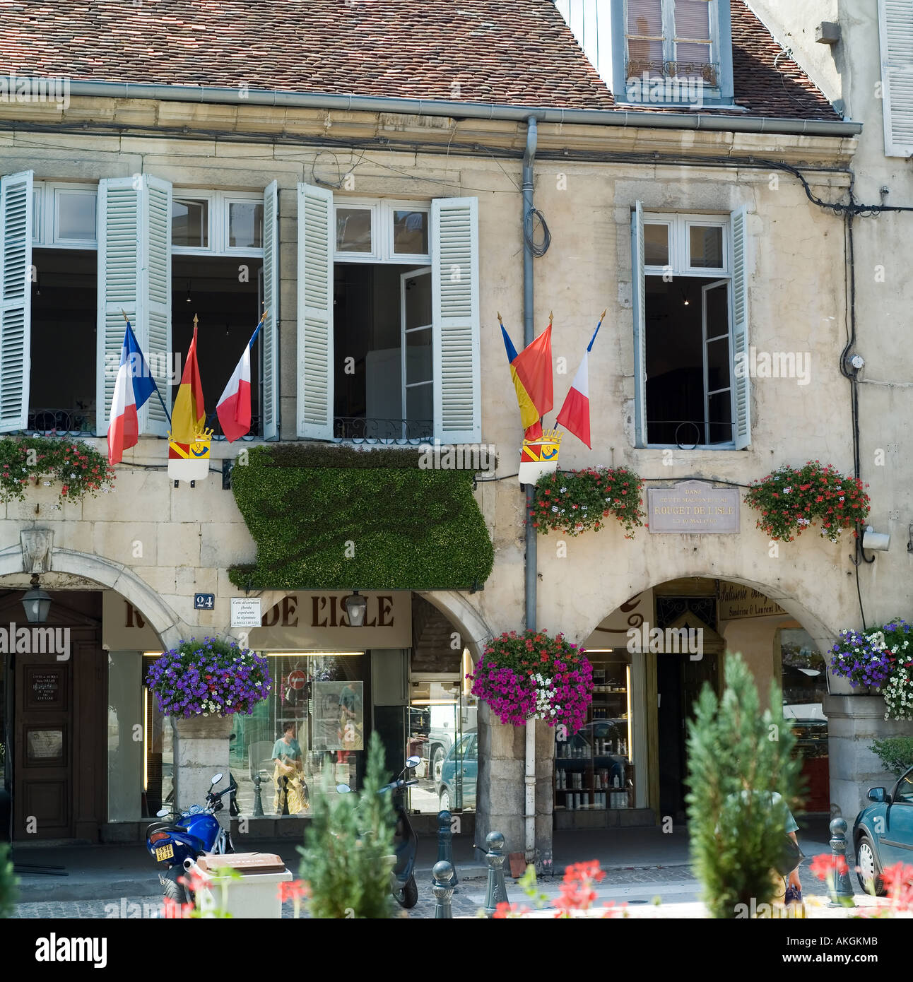 Rouget de l'Isle's birth house, rue du Commerce street, flags, Lons-le-Saunier, Jura, Franche-Comté, France Stock Photo