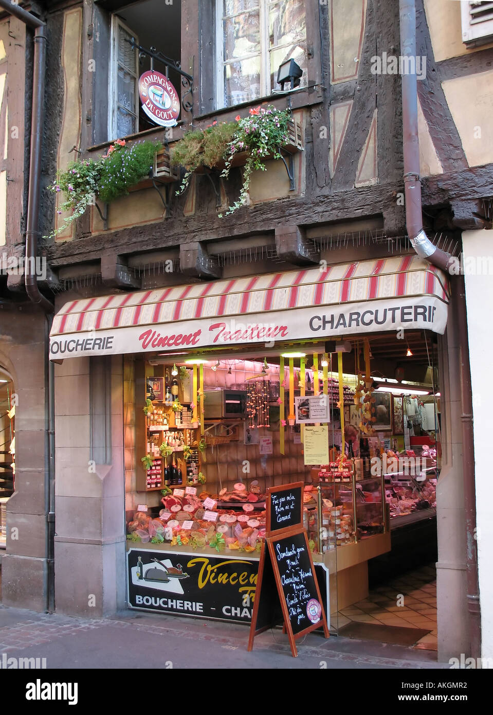 "Vincent traiteur" caterer, butcher and delicatessen front shop, Colmar, Alsace, France, Europe Stock Photo