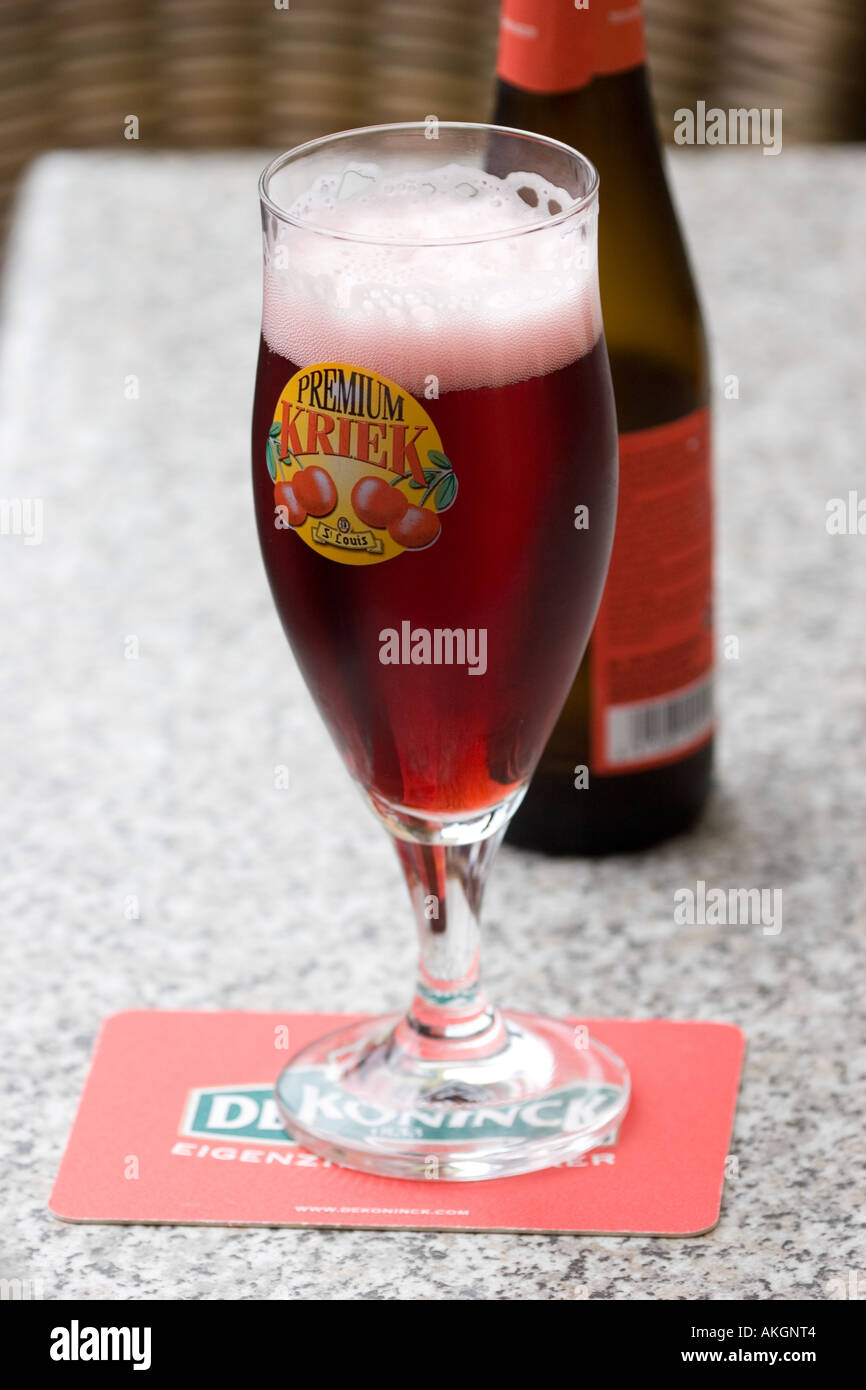 Cafe Table with Glass of Kriek Beer Brussels Belgium Stock Photo