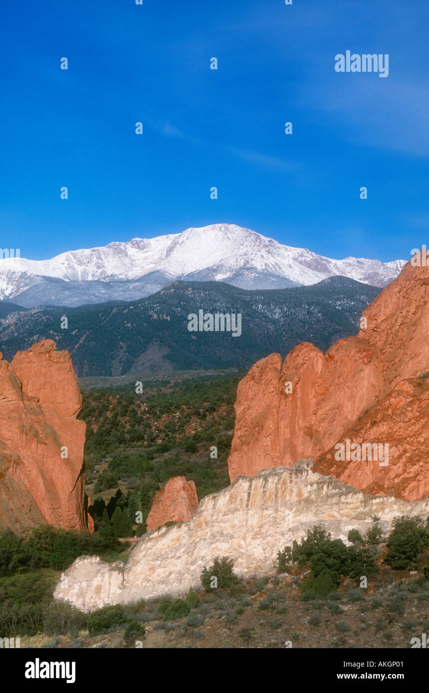 Garden of the Gods rock formations with snow,capped Pikes
