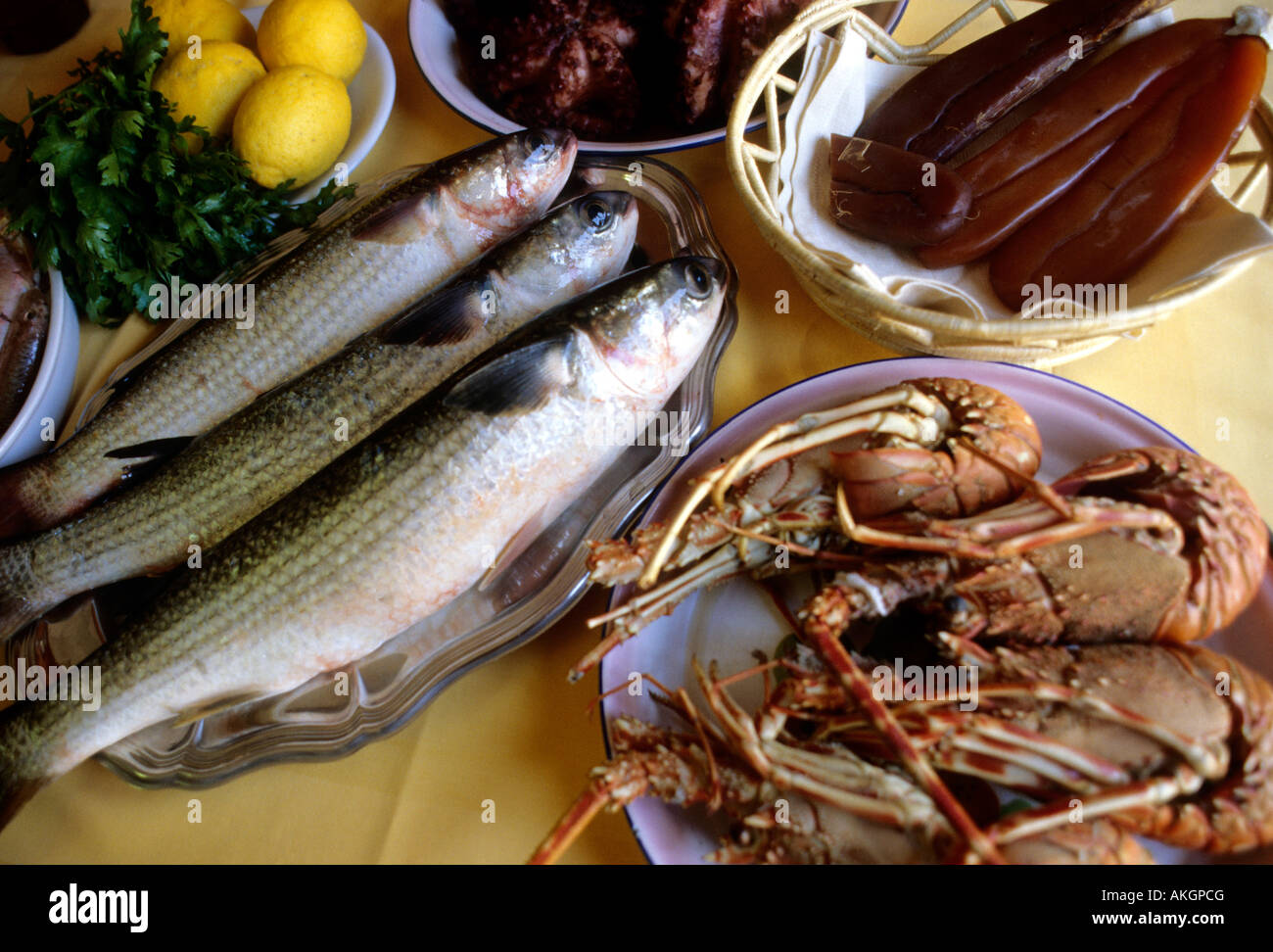 Mullets, Botargo and lobsters, Cabras, Sinis, Sardinia, Italy Stock Photo