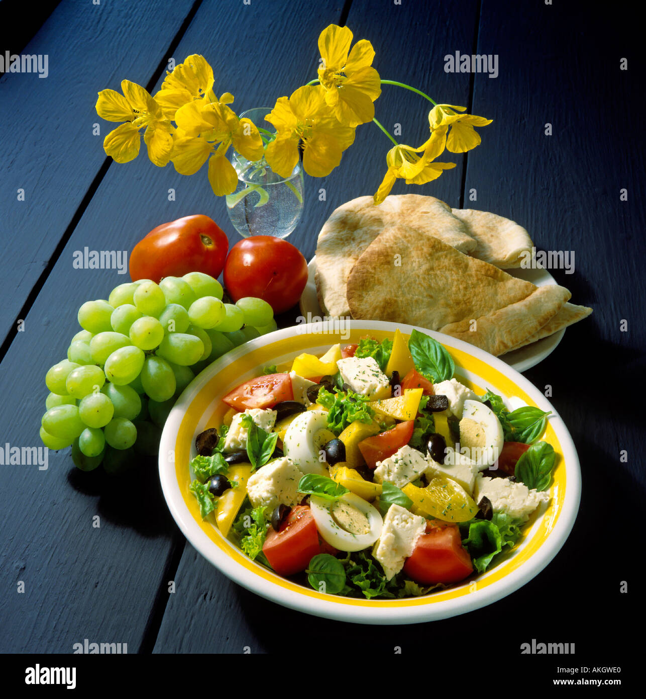 greek salad with feta cheese and pita bread Stock Photo