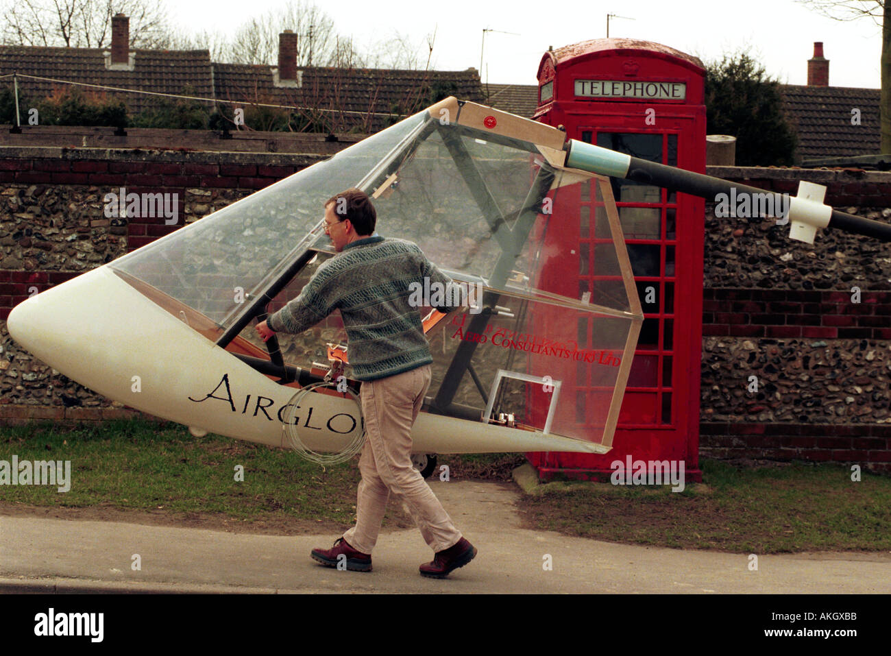 John McIntyre with his human powered aircraft at Balsham, Cambs., UK Stock Photo