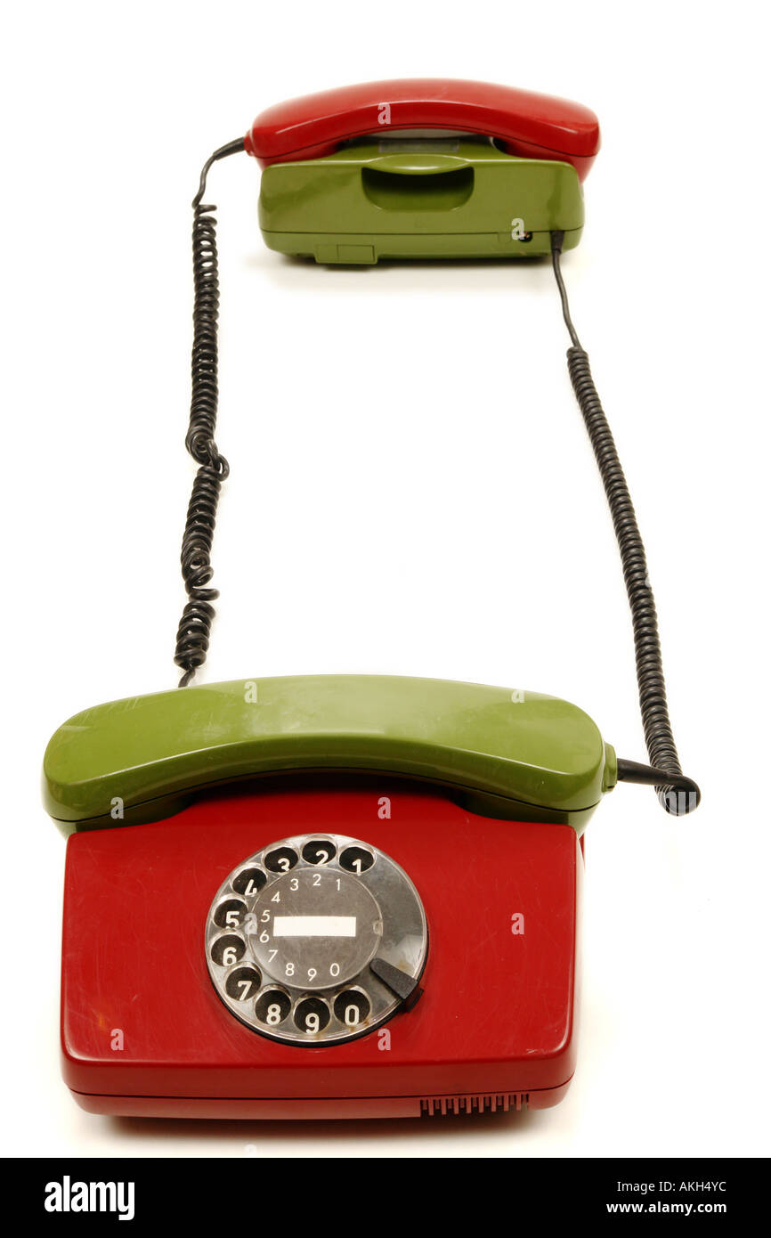 colourful retro phones symbolizing conference teamwork network Stock Photo